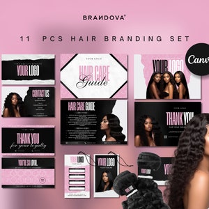 Hairstylist Branding Kit | Hair Business Templates |  Luxury Pink Hair Extensions Bundle Design | Hair Wig Boutique