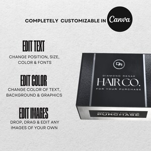 Peut inclure: Bo&icirc;te noire et argent&eacute;e avec le texte "DIAMOND RENAE HAIR CO. FOR YOUR PURCHASE" et "THANK YOU FOR YOUR PURCHASE". La bo&icirc;te est personnalisable dans Canva.
