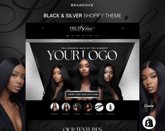Shopify Theme | Hair Stylist Shopify Theme | Hair Web Banners | Black Silver Luxury Shopify Theme | Canva Templates | Beauty Website Theme
