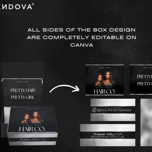 Puede incluir: Una caja negra con un borde plateado y una imagen en blanco y negro de dos mujeres. La caja tiene el texto "PRETTY HAIR FOR A PRETTY GIRL" y "DIAMOND RENAE HAIR CO." en ella. La caja est&aacute; rodeada de un fondo negro con el texto "BRANDOVA" en la parte superior.