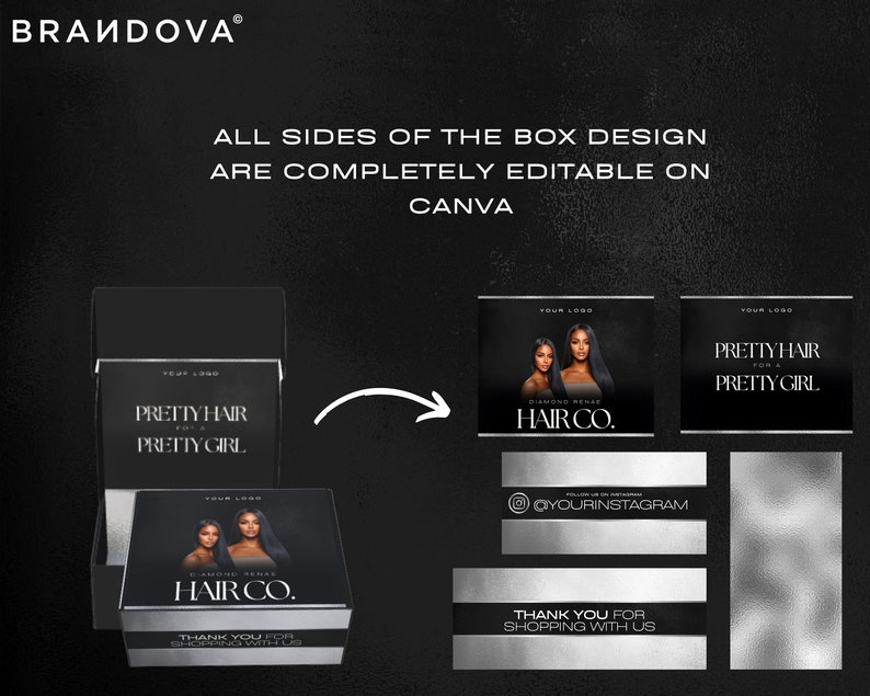Puede incluir: Una caja negra con un borde plateado y una imagen en blanco y negro de dos mujeres. La caja tiene el texto "PRETTY HAIR FOR A PRETTY GIRL" y "DIAMOND RENAE HAIR CO." en ella. La caja est&aacute; rodeada de un fondo negro con el texto "BRANDOVA" en la parte superior.