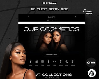 Può includere: Un design di sito web in bianco e nero per un'azienda di cosmetici chiamata Brandova. Il sito web presenta una grande immagine di due donne con capelli scuri e trucco, e il testo "Our Cosmetics" in grandi caratteri grassetto. Il sito web include anche una sezione per "Shop Sale Now" e una sezione per "Our Collections".