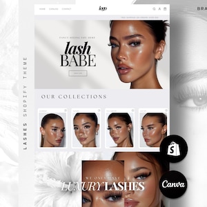 Puede incluir: Maqueta de sitio web para un negocio de extensiones de pestañas. El diseño presenta un modelo con pestañas largas, el texto "lash BABE" y un logotipo de Shopify. La combinación de colores es principalmente blanca y beige.