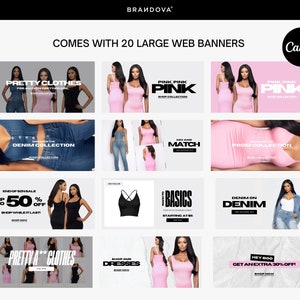 Puede incluir: Un collage de banners web para una marca de ropa llamada Brandova. Los banners muestran modelos que visten diferentes prendas, incluyendo vestidos, jeans y tops. Los banners tambi&eacute;n incluyen texto como "Pretty Clothes", "Denim Collection", "Pink, Pink, Pink", "Mix and Match", "Prom Collection", "Basics", "Denim on Denim", y "Hey Boo, Get an Extra 30% Off!"