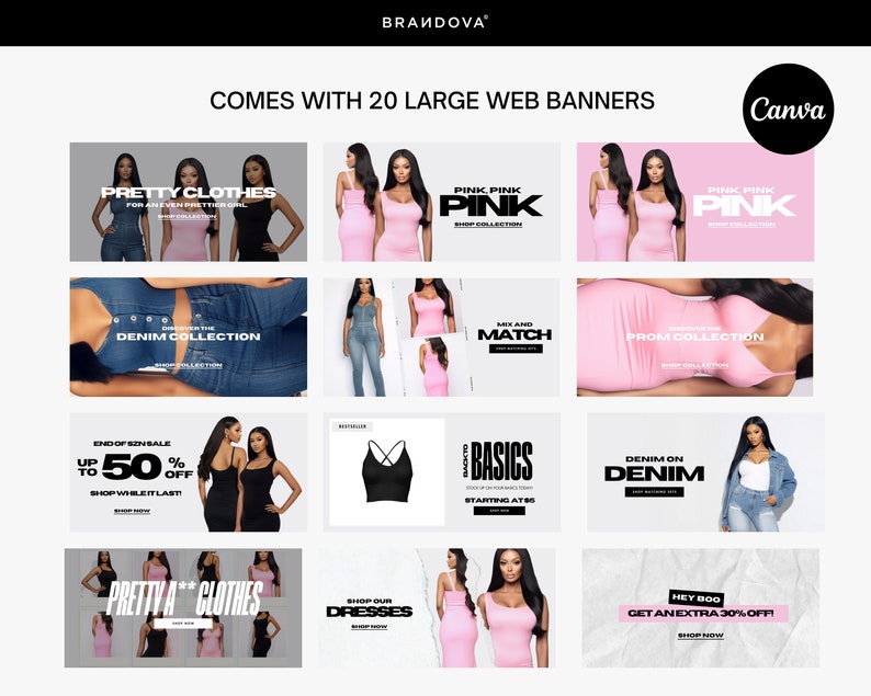 Puede incluir: Un collage de banners web para una marca de ropa llamada Brandova. Los banners muestran modelos que visten diferentes prendas, incluyendo vestidos, jeans y tops. Los banners tambi&eacute;n incluyen texto como "Pretty Clothes", "Denim Collection", "Pink, Pink, Pink", "Mix and Match", "Prom Collection", "Basics", "Denim on Denim", y "Hey Boo, Get an Extra 30% Off!"