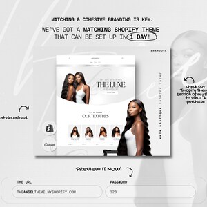 K&ouml;nnte beinhalten: Ein Website-Mockup f&uuml;r eine Haarboutique mit dem Text "The Luxe" und "Our Textures". Die Website ist in einem Schwarz-Wei&szlig;-Farbschema mit einem Foto einer Frau mit langen, schwarzen Haaren gestaltet.