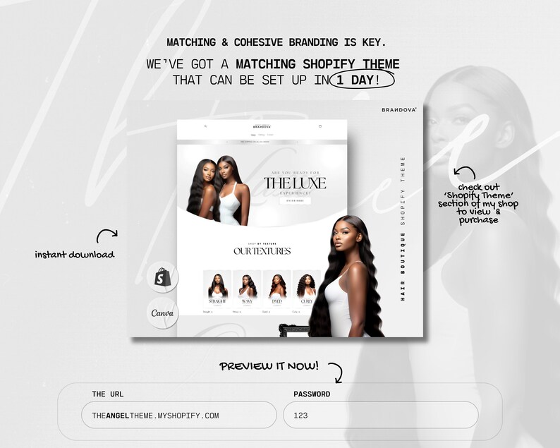 K&ouml;nnte beinhalten: Ein Website-Mockup f&uuml;r eine Haarboutique mit dem Text "The Luxe" und "Our Textures". Die Website ist in einem Schwarz-Wei&szlig;-Farbschema mit einem Foto einer Frau mit langen, schwarzen Haaren gestaltet.