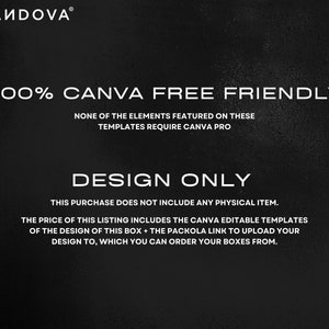 Puede incluir: Texto en blanco y negro sobre fondo negro. El texto dice "100% CANVA FREE FRIENDLY" y "NONE OF THE ELEMENTS FEATURED ON THESE TEMPLATES REQUIRE CANVA PRO". Debajo de esto est&aacute; el texto "DESIGN ONLY" y "THIS PURCHASE DOES NOT INCLUDE ANY PHYSICAL ITEM. THE PRICE OF THIS LISTING INCLUDES THE CANVA EDITABLE TEMPLATES OF THE DESIGN OF THIS BOX + THE PACKOLA LINK TO UPLOAD YOUR DESIGN TO, WHICH YOU CAN ORDER YOUR BOXES FROM."