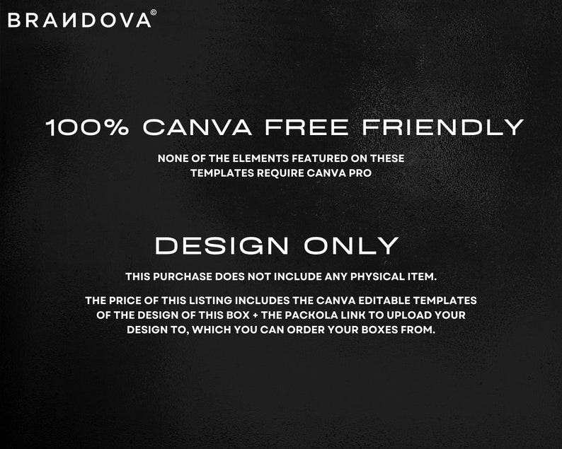 Puede incluir: Texto en blanco y negro sobre fondo negro. El texto dice "100% CANVA FREE FRIENDLY" y "NONE OF THE ELEMENTS FEATURED ON THESE TEMPLATES REQUIRE CANVA PRO". Debajo de esto est&aacute; el texto "DESIGN ONLY" y "THIS PURCHASE DOES NOT INCLUDE ANY PHYSICAL ITEM. THE PRICE OF THIS LISTING INCLUDES THE CANVA EDITABLE TEMPLATES OF THE DESIGN OF THIS BOX + THE PACKOLA LINK TO UPLOAD YOUR DESIGN TO, WHICH YOU CAN ORDER YOUR BOXES FROM."