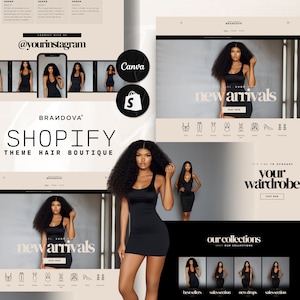 Puede incluir: Una p&aacute;gina de inicio de un sitio web para una boutique de cabello con una modelo que lleva un vestido negro y el texto "nuevas llegadas" y "es hora de actualizar tu armario".