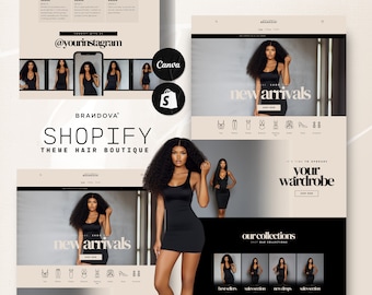 May include: A website homepage for a hair boutique featuring a model wearing a black dress and the text "new arrivals" and "it's time to upgrade your wardrobe".