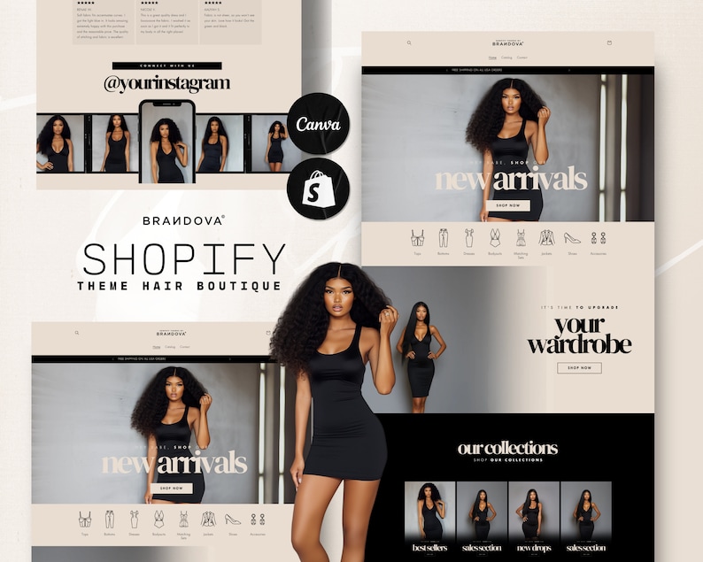 Puede incluir: Una p&aacute;gina de inicio de un sitio web para una boutique de cabello con una modelo que lleva un vestido negro y el texto "nuevas llegadas" y "es hora de actualizar tu armario".