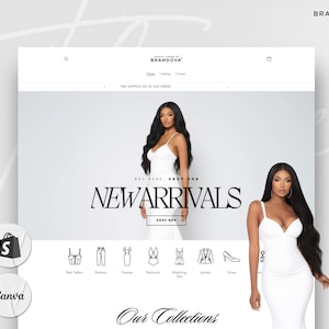 May include: A website homepage for a fashion boutique with the text "New Arrivals" and a model wearing a white dress. The website also features a menu with links to "Shop", "Clothing", and "Contact".