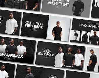 May include: A collection of black and white images featuring men wearing t-shirts. The images are used for advertising and feature text such as "Best Clothes", "Only the Very Best", "Elevate Your Wardrobe", "Elevate Your Style", "30% Off of Everything", "New Arrivals", "Are You Ready for the Best Quality?" and "@YourInst".