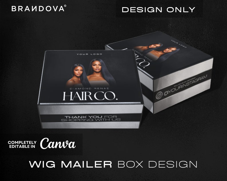 Puede incluir: Una caja de env&iacute;o de pelucas plateada y negra con el texto "Diamond Renae Hair Co." y "Gracias por comprar con nosotros". La caja tiene espacio para un logotipo y un nombre de usuario de redes sociales.