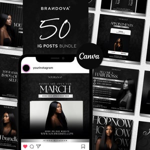 50 Hair Stylist, Hair Boutique Editable IG Templates, DIY Instagram Flyers Black Hair Salon, Premade Luxury Silver Bundles Branding