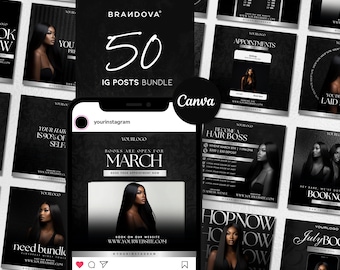50 Hair Stylist, Hair Boutique Editable IG Templates, DIY Instagram Flyers Black Hair Salon, Premade Luxury Silver Bundles Branding