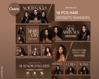 Puede incluir: Una colección de 18 banners de sitio web para una empresa de cabello. Los banners presentan diferentes peinados, incluyendo ondulado, liso y rizado. Los banners también incluyen texto como "Shop Our New Arrivals" y "Pretty Hair Don't Care".