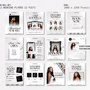 K&ouml;nnte beinhalten: Zw&ouml;lf schwarz-wei&szlig;e Instagram-Post-Vorlagen f&uuml;r die Buchung von Terminen. Die Vorlagen zeigen verschiedene Designs, darunter einen Kalender, ein Telefon und ein Frauenbild. Der Text auf den Vorlagen lautet "Jetzt buchen", "Termine verf&uuml;gbar" und "Juli-Buchungen".