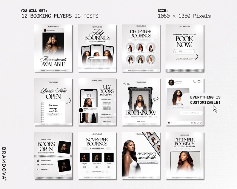 K&ouml;nnte beinhalten: Zw&ouml;lf schwarz-wei&szlig;e Instagram-Post-Vorlagen f&uuml;r die Buchung von Terminen. Die Vorlagen zeigen verschiedene Designs, darunter einen Kalender, ein Telefon und ein Frauenbild. Der Text auf den Vorlagen lautet "Jetzt buchen", "Termine verf&uuml;gbar" und "Juli-Buchungen".