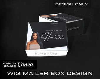 Diseño de caja para pelucas / Diseño de empaque para pelucas frontales y mechones / DIY editable en Canva / Caja personalizada prediseñada
