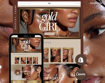 Könnte beinhalten: Ein Website-Design mit dem Text "gold GIRL" in einer stilvollen Schriftart. Das Design umfasst Bilder von Schmuck und ein Smartphone, das die Website anzeigt. Das Thema ist braun und gold, mit dem Shopify Theme Logo sichtbar.
