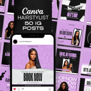 May include: A collage of social media posts for a hair stylist. The posts feature images of women with long, black hair, and text that promotes the stylist's services. The text includes phrases like "Book Now", "Tag Us, Get Featured", and "We've Just Restocked".