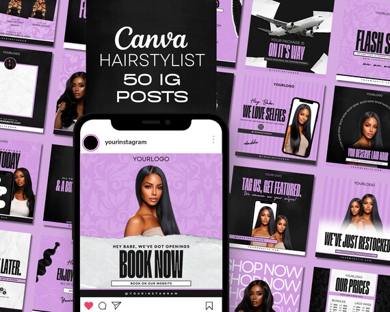 50 Hair Stylist|Hair Boutique Editable IG Canva Templates | DIY Instagram Flyers Black Hair Salon | Premade Luxury Purple Bundles Branding