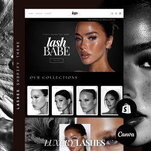 May include: A website mockup for a lash business, featuring a black and white theme. The banner reads "lash BABE" and showcases a woman with long eyelashes. Below are images of different lash styles. The Shopify theme is also advertised.