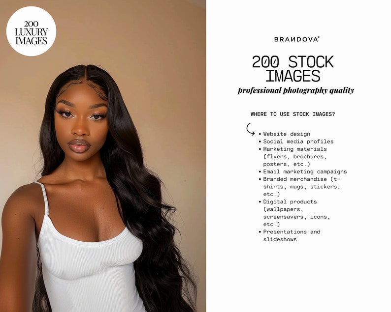 May include: A close-up portrait of a Black woman with long, dark hair. She is wearing a white tank top. The image is part of a collection of 200 stock images, offering professional photography quality.