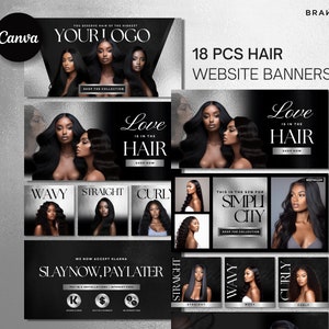 Può includere: Una collezione di 18 banner per siti web per extensioni di capelli. I banner mostrano immagini di donne con diverse texture di capelli, tra cui ondulati, lisci e ricci. I banner includono anche testo come "L'amore è nei capelli", "Paga dopo", e "Questa è la pelle per Simply City".