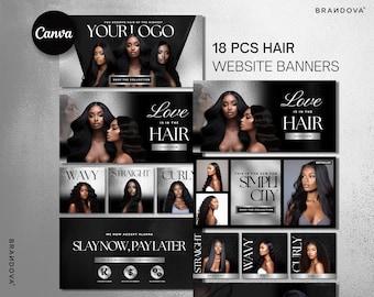 18 Hair Website Banner Kit | Shopify Hair Extensions Wig Boutique Store Design| Website Design Templates Set | Canva | Luxury | Retail Store