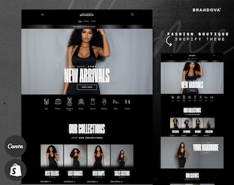 May include: A black and white website design for a fashion boutique. The website features a model wearing a black halter top and skirt. The website also features a section for new arrivals, our collections, and our clothes.