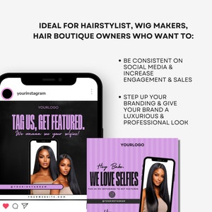 May include: A black and purple Instagram post template with the text "Tag Us, Get Featured." and "We wanna see your selfies!"  The template features a photo of two women with long, straight hair. The template also includes the text "Your Logo" and "@YourInstagram".