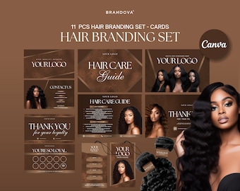 May include: A brown and gold hair branding set with the text "11 PCS HAIR BRANDING SET - CARDS" and "HAIR BRANDING SET". The set includes cards with the text "YOUR LOGO", "HAIR CARE Guide", and "THANK YOU for your loyalty".