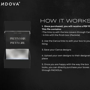 Puede incluir: Una caja negra con una tapa plateada y el texto "PRETTY HAIR FOR A PRETTY GIRL" en la parte delantera. La caja se muestra sobre un fondo negro con el texto "HOW IT WORKS" y una lista de pasos para personalizar la caja.