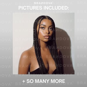 May include: A close-up portrait of a person with dark skin and long black braids. The person is wearing a black top and has a neutral expression. The background is a light gray with the text "PICTURES INCLUDED: + SO MANY MORE" printed on it.