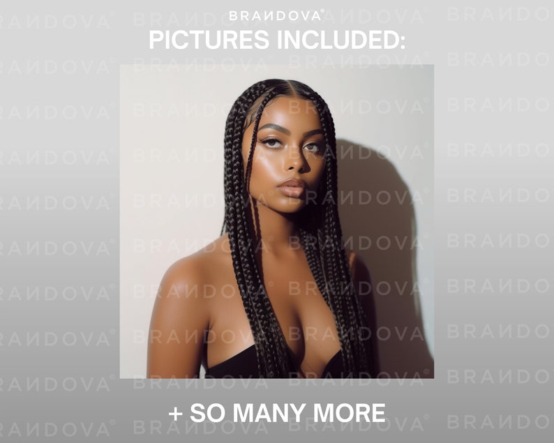May include: A close-up portrait of a person with dark skin and long black braids. The person is wearing a black top and has a neutral expression. The background is a light gray with the text "PICTURES INCLUDED: + SO MANY MORE" printed on it.