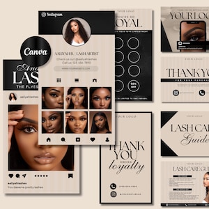 Può includere: Un set di otto carte di branding per un'artista di ciglia. Le carte presentano uno schema di colori nero e oro con un design moderno. Le carte includono una carta di ringraziamento, una carta di fidelizzazione, una guida alla cura delle ciglia e un biglietto da visita. Le carte sono progettate per essere utilizzate a scopo di marketing e branding.
