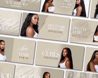100 x Hair Boutique Website Templates for Shopify, Wix, Hairstylist Shopify Lace Front Website Banner Pack, Beige, Gold Luxury Banners
