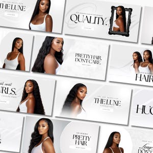 Può includere: Una collezione di immagini promozionali per prodotti per capelli. Ogni immagine presenta una donna con lunghi capelli scuri e testo come "Pretty Hair, Don't Care" e "The Luxe Experience". Le immagini sono principalmente in bianco, nero e grigio.