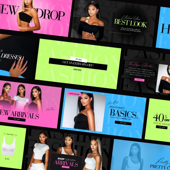 100 x Shopify Website Templates, Wix Fashion Boutique Web Banners, Neon Clothing Website Template, Clothes, Accessories, Sunglasses Banner