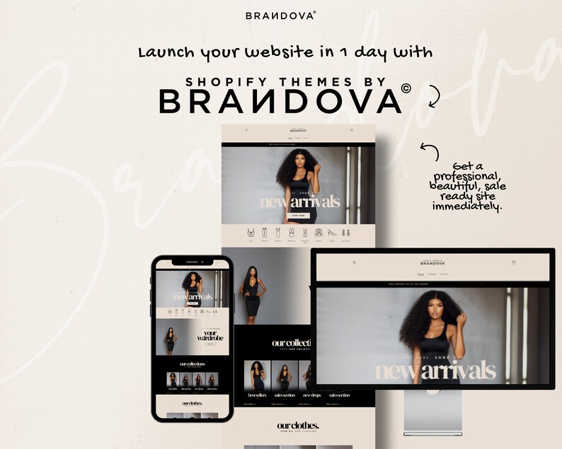 Puede incluir: Una captura de pantalla de un sitio web que muestra un tema Shopify en blanco y negro para una tienda de ropa en l&iacute;nea. El sitio web presenta a una modelo con un vestido negro y el texto "nuevas llegadas". El sitio web est&aacute; dise&ntilde;ado para ser profesional y f&aacute;cil de usar.