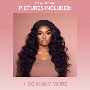 May include: A close-up portrait of a person with long, dark, wavy hair. The person is wearing a brown top and has a neutral expression. The background is a light pink color. The text "PICTURES INCLUDED:" and "+ SO MANY MORE" is visible at the top and bottom of the image.