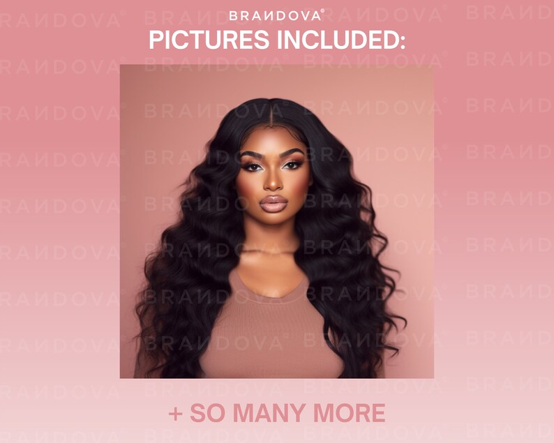 May include: A close-up portrait of a person with long, dark, wavy hair. The person is wearing a brown top and has a neutral expression. The background is a light pink color. The text "PICTURES INCLUDED:" and "+ SO MANY MORE" is visible at the top and bottom of the image.