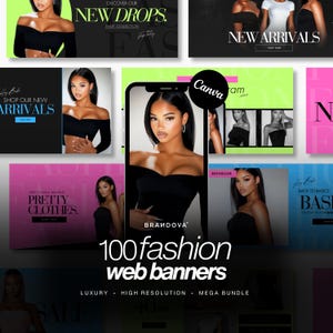 May include: A collection of 100 fashion web banners featuring models wearing various clothing items. The banners are designed in a modern and stylish aesthetic with bright colors and bold text. The text on the banners includes "New Drops", "Shop Our New Arrivals", "Pretty Clothes", "Back to Basics", "100 Fashion Web Banners", "Luxury", "High Resolution", and "Mega Bundle".