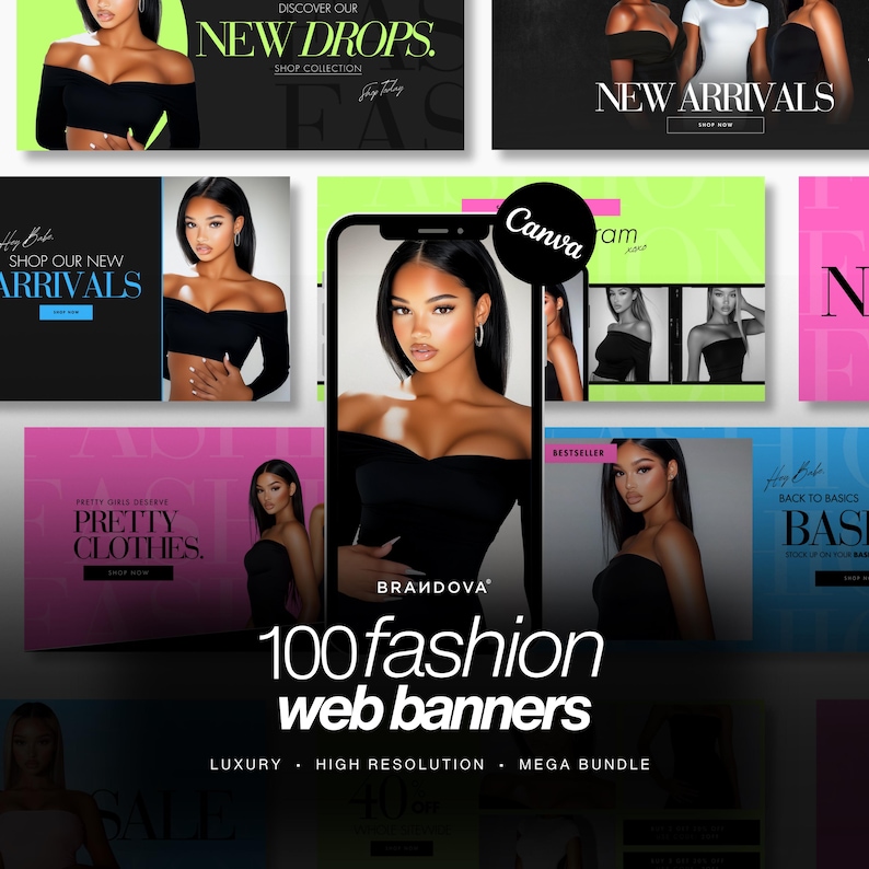 May include: A collection of 100 fashion web banners featuring models wearing various clothing items. The banners are designed in a modern and stylish aesthetic with bright colors and bold text. The text on the banners includes "New Drops", "Shop Our New Arrivals", "Pretty Clothes", "Back to Basics", "100 Fashion Web Banners", "Luxury", "High Resolution", and "Mega Bundle".