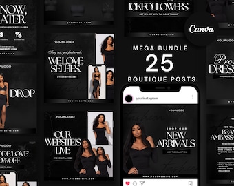 25 Fashion Boutique Instagram Posts | Boutique Branding Kit | Boutique Social Media | Clothing Fashion Streetwear Posts | Black White