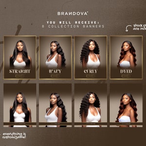 Puede incluir: Ocho banners de colecci&oacute;n para extensiones de cabello, que presentan diferentes texturas y estilos de cabello, incluyendo liso, ondulado, rizado y te&ntilde;ido. Los banners son personalizables e incluyen fotos de archivo.