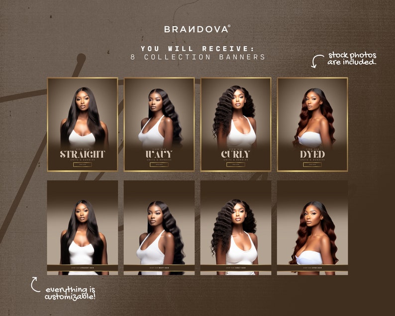 Puede incluir: Ocho banners de colecci&oacute;n para extensiones de cabello, que presentan diferentes texturas y estilos de cabello, incluyendo liso, ondulado, rizado y te&ntilde;ido. Los banners son personalizables e incluyen fotos de archivo.